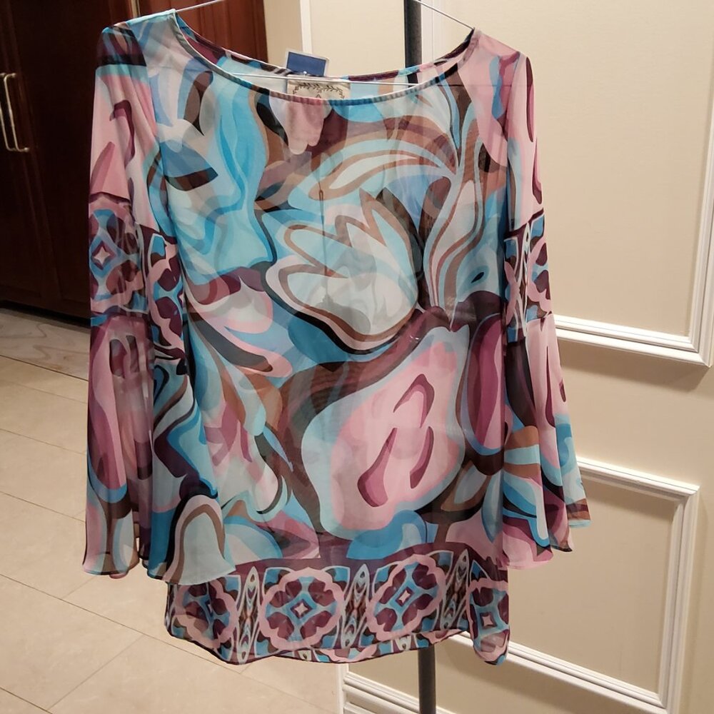 Z&L Designer Sheer Swimsuit Coverup Overlay. Floral Bohemian Abstract Print NWT!